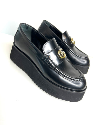 Gucci Pre-Loved Double G Creeper Platform Black Leather Loafers 37.5 UK4.5