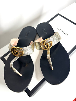 Gucci Marmont GG Gold Leather Thong Sandals 36.5 UK3.5