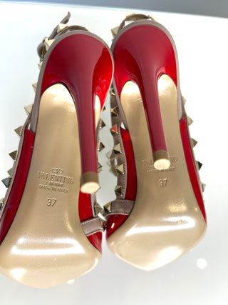 Valentino Garavani Rockstud 100 Red Patent Leather Caged Heels 37 UK4