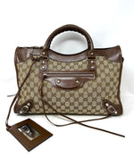 Gucci X Balenciaga GG Beige Canvas Brown Leather Medium Handbag