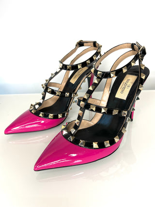 Valentino Garavani Preloved Rockstud Caged Pump 100 Pink Patent Leather Heels 37.5 UK4.5