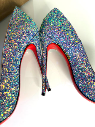 Christian Louboutin So Kate 120 Etincelle Blue Glitter Dragonfly Heels 37.5 UK4.5