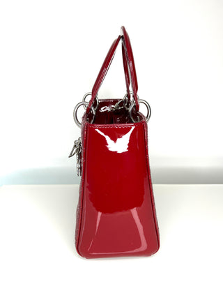 Dior Pre-Loved Lady Dior Medium Deep Red/Burgundy Patent Leather Bag