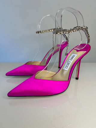 Jimmy Choo Saeda 100 Fuchsia Pink Satin Crystal Strap Heels 38.5 UK5.5