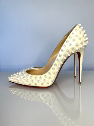 Christian Louboutin Folies Spikes 100 White Patent Coquillage Heels – Size 38 UK 5