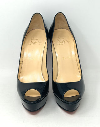 Christian Louboutin Lady Peep Black Patent Leather Platform Peep Toe Heels 38.5 UK 5.5