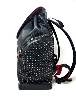 Christian Louboutin Explorafunk Black Leather Spike Drawstring Flap Backpack