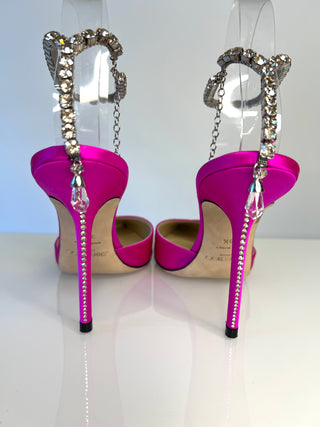 Jimmy Choo Saeda 100 Fuchsia Pink Satin Crystal Strap Heels 38.5 UK5.5