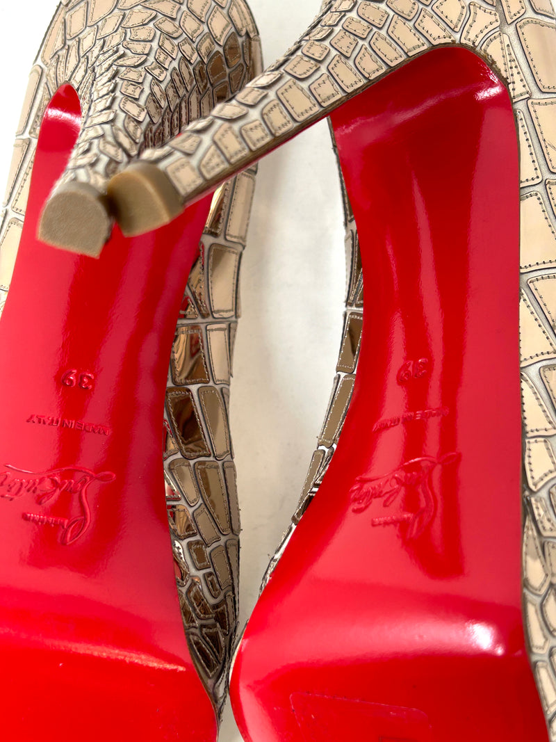 Christian Louboutin Sobek 140 Gold Patent Satin Mirror Effect Peep Toe Heels 39 UK 6