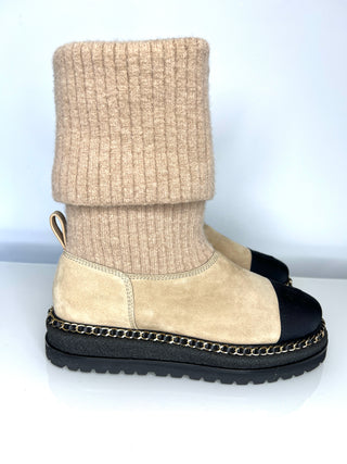 Chanel Beige Suede and Knit Chain Detail Boots 39 UK6