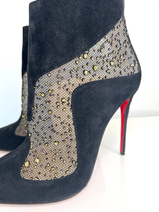 Christian Louboutin Papilloboot 100 Embellished Mesh and Suede Ankle Boots 38.5 UK5.5