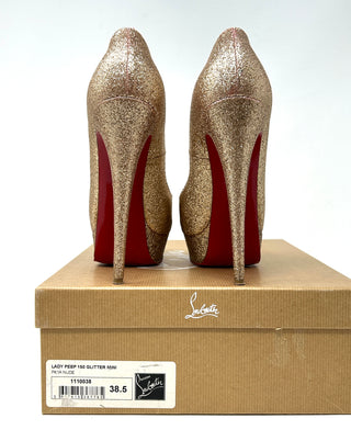 Christian Louboutin Lady Peep 150 Nude Glitter Platform Peep Toe Heels 38.5 UK 5.5