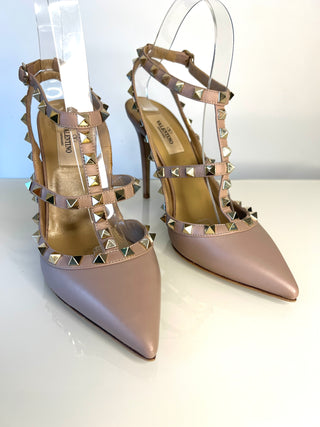 Valentino Garavani Rockstud 100 Caged Ankle Strap Beige Leather Heels 38 UK5