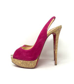 Christian Louboutin Lady Peep 150 Pink Suede Cork Slingback Platform Heels 41 UK 8