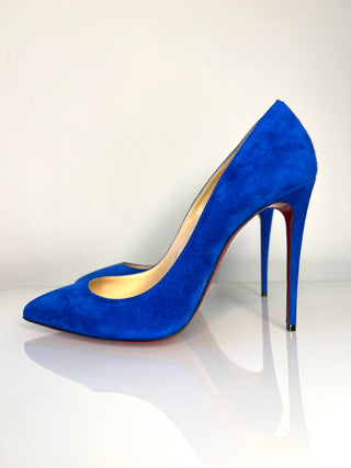 Blue high-heeled shoe on a white background