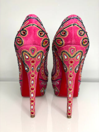 Christian Louboutin Bollywoody Pink Suede Peep Toe Heels 38 UK5