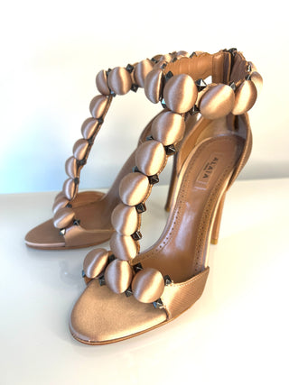 Alaïa La Bombe Embellished Metallic Satin Sandals – Size 36 UK 3