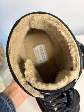 Gucci Tennis 1977 Black Suede Monogram Shearling High Sneakers Boots 40.5