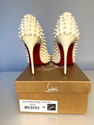 Christian Louboutin Folies Spikes 100 White Patent Coquillage Heels – Size 38 UK 5