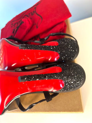 Christian Louboutin Coup de Bleu 100 Black Patent Leather & Glitter Sandals – Small Size 39 UK6