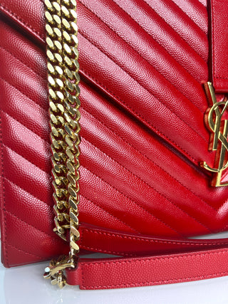 Saint Laurent YSL Pre-Loved Large Envelope Red Chevron Quilted Leather Shoulder Bag