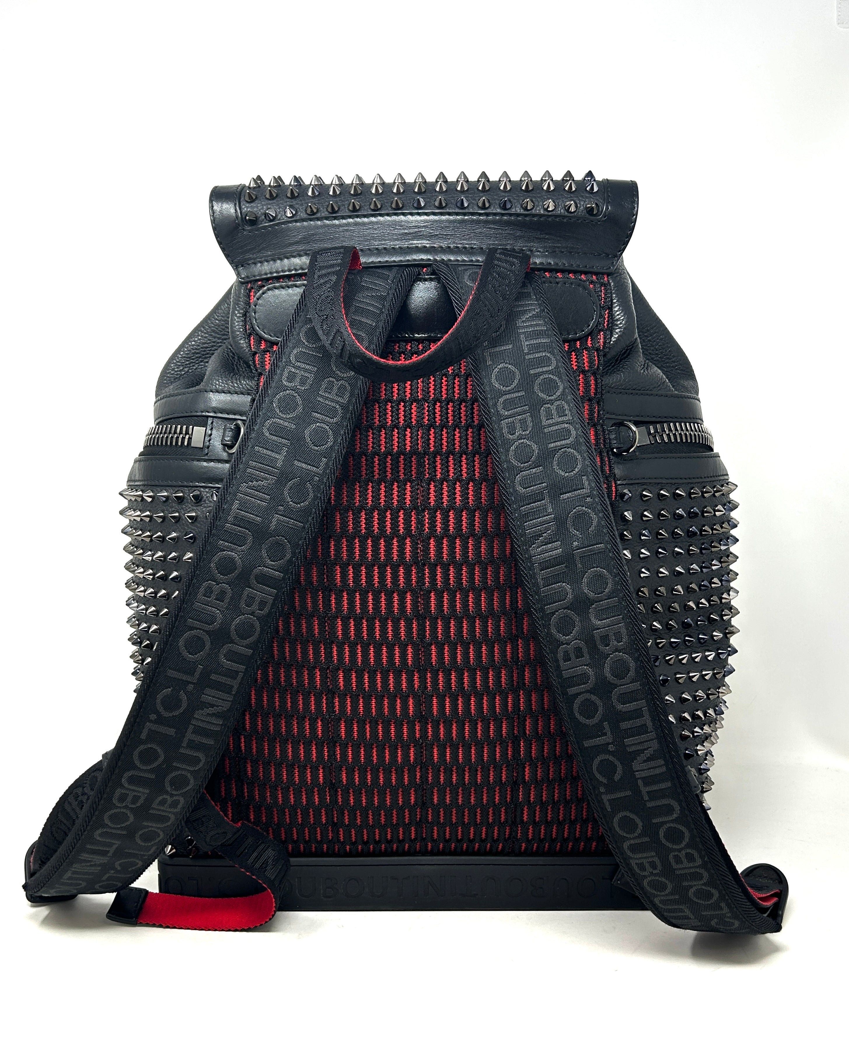 christian louis vuitton backpack Christian Louboutin Explorafunk Black Leather Spike Drawstring Flap Ba – High Heel Hierarchy
