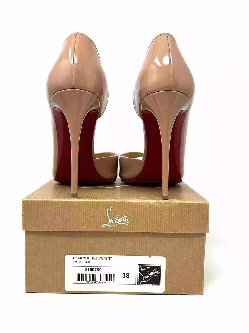 Christian Louboutin Demi You 100 Nude Patent Leather Peep Toe Heels 38 UK 5