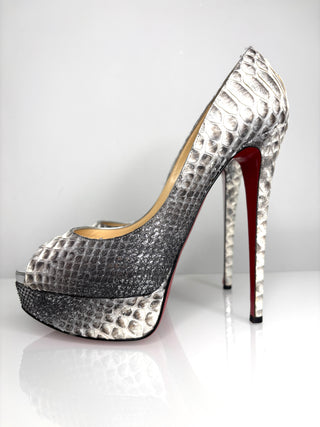 Christian Louboutin Lady Peep 150 Python Bronte Silver Platform Heels 39 UK6