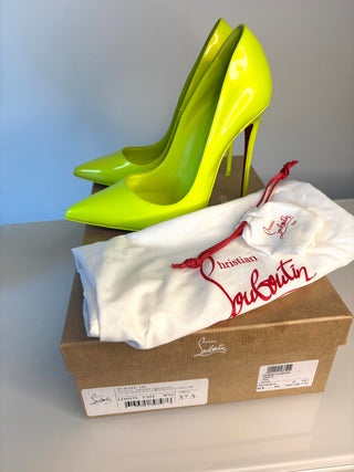 Christian Louboutin So Kate 120 Neon Fluo Yellow Patent Leather Heels 37.5 UK4.5