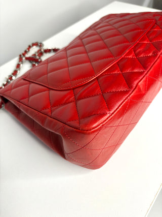 Chanel Jumbo Red Lambskin Classic Single Flap Shoulder Bag