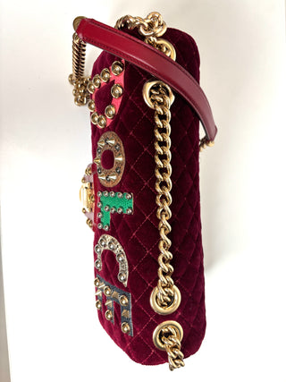 Dolce & Gabbana Lucia  Studded Burgundy Velvet Shoulder Bag