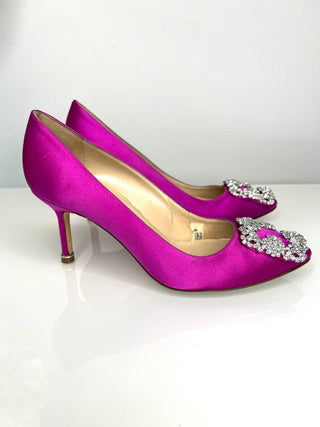 Manolo Blahnik Preloved Hangisi 70 Crystal-Embellished Fuchsia Pink Pumps Heels 35 UK2