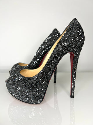Christian Louboutin Lady Peep Grey/Black Strass Crystal Peep-Toe Platform Heels 38.5 UK5.5