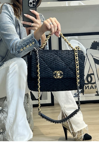 Chanel Preloved Large Chanel 19 Navy Raffia Tweed Flap Bag