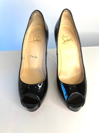 Christian Louboutin New Very Prive 120 Black Patent Peep-Toe Heels 37 UK4