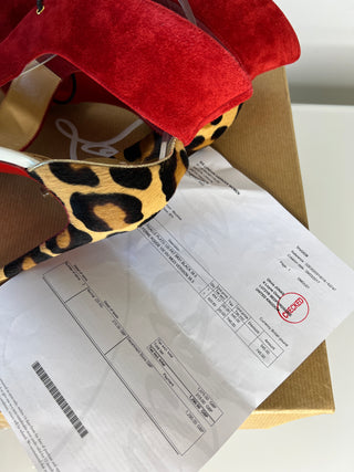 Christian Louboutin Ferme Rouge 100 Rougissime Red Leopard Suede Heels  38.5 UK5.5