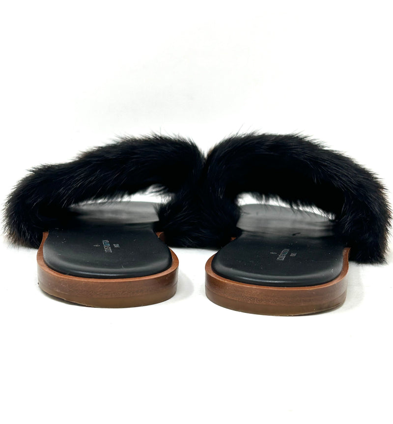 Louis Vuitton Brown Leather Black Brown Mink Fur Slides
