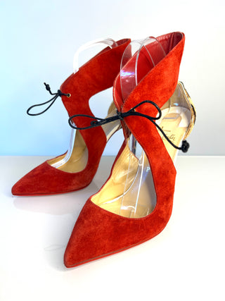 Christian Louboutin Ferme Rouge 100 Red Suede Leopard Print Heels – Size 39 UK 6