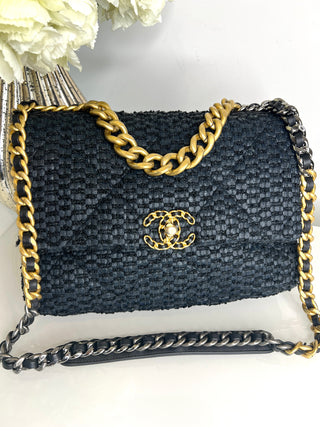 Chanel Preloved Large Chanel 19 Navy Raffia Tweed Flap Bag