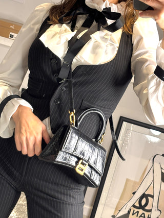 Balenciaga Preloved Hourglass XS Black Croc-Embossed Top Handle Shoulder Bag