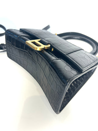 Balenciaga Preloved Hourglass XS Black Croc-Embossed Top Handle Shoulder Bag