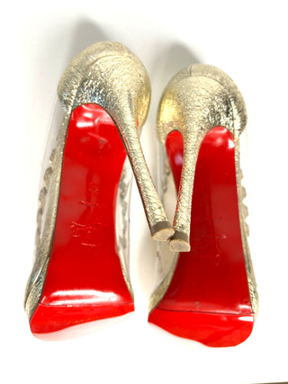 Pre-loved Christian Louboutin Hargaret 120 Gold PVC Heels small fit 38 UK5