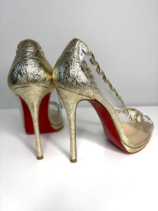 Pre-loved Christian Louboutin Hargaret 120 Gold PVC Heels small fit 38 UK5