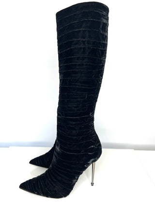 Tom Ford Preloved Black Velvet Pleated Knee-High Heel Boots 41 UK8