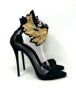 Giuseppe Zanotti Black Suede Gold Leaf Crystal Heel Sandals 