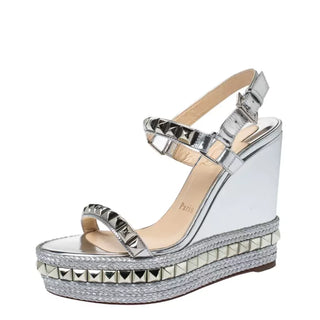 Christian Louboutin Pyraclou Silver Leather Pyramid Studded Wedge Sandals Small Fit 41 UK 8