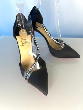 Christian Louboutin Krystal Cross 100 Black Satin Heels 38.5 UK5.5