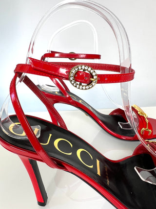 Gucci Moorea  Horsebit Red Patent Leather Ankle Strap Heeled Sandals 38 UK5