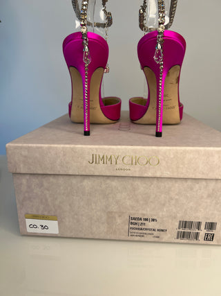 Jimmy Choo Saeda 100 Fuchsia Pink Satin Crystal Strap Heels 38.5 UK5.5