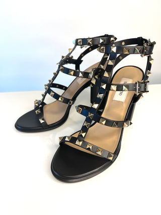 Valentino Garavani Rockstud 90 Black Leather Block Heel Sandals 37 UK4